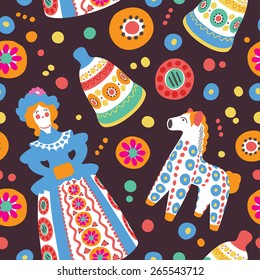 Russian souvenir Dymkovo clay toys seamless vector pattern. Traditional folk art handicrafts. Stylized souvenir toy figures of woman horse and bell and decorative items.  