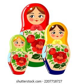 Russian souvenir, matryoshka, nesting dolls. Three wooden painted toys.