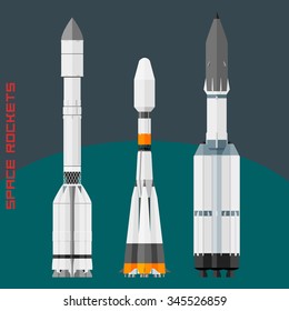 Russian space rockets set. Cargo rocket Proton, universal new Soyuz and Angara. Vector illustration