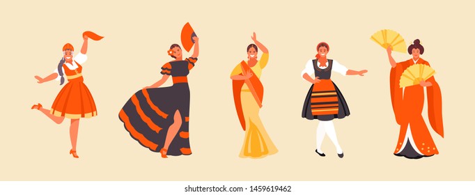 Russian, Spanish, Indian, Greek and Japanese women in traditional costumes perform traditional dances. Vector illustration