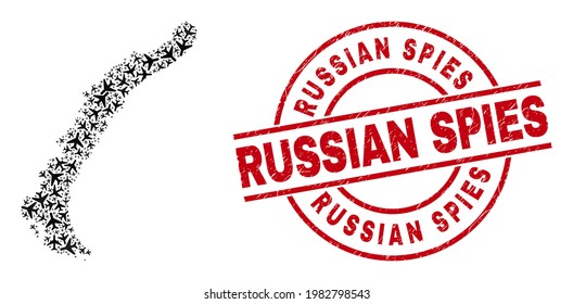 Russian Spies rubber stamp, and Novaya Zemlya Islands map mosaic of aviation items. Collage Novaya Zemlya Islands map constructed with airplanes. Red stamp with Russian Spies caption,