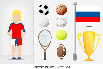 Russian sportswoman with sport equipment collection vector illustrations