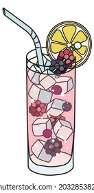 Clásico de la marca rusa Spring Punch IBA con un cóctel de alta bola. Acondicionado con frambuesas, moras, curry negro y cal. Elegante dibujo a mano de dibujos animados estilo hipster de dibujos animados tipo vectorial.