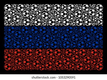 Russian State Flag concept created of football ball elements. Vector football ball elements are organized into conceptual Russia flag illustration.
