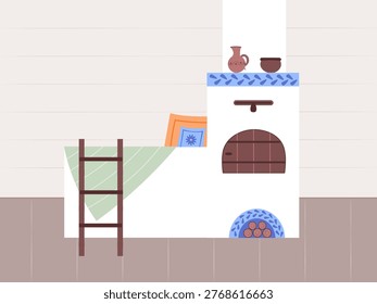 Russian stove with firewood. Vector Illustration for printing, backgrounds, covers and packaging. Image can be used for greeting cards, posters, stickers and textile. Isolated on white background.