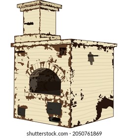 Russian stove. Interior of the Russian log hut. Watercolor hand drawn illustration.