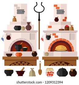 Russian stove. Set of two types of Russian stove and kitchen utensils. Vector illustration.