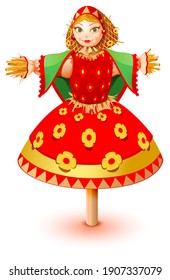 Russian straw effigy woman in traditional dress. Maslenitsa russian pancake week shrovetide carnival. Isolated on white vector cartoon illustration