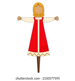 Russian straw effigy of woman in a traditional Slavic red sundress. Russian pancake week festival carnival. Maslenitsa doll vector illustration