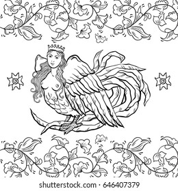 Russian style decorative folk illustration. Siren - beautiful fairytale character. Vector hand-drawn art. Mythological and fairy motives.
