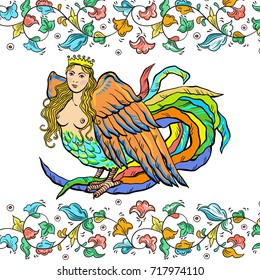 Russian style decorative folk illustration. Siren - beautiful fairytale character. Vector hand-drawn art. Mythological and fairy motives. Perfect template for print, posters, book illustration.