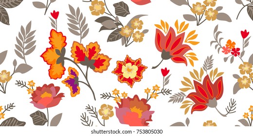 Russian style flourish border. Seamless floral pattern with blooming fantasy flowers and grey leaves. Botanical print on white background. Vintage textile collection.