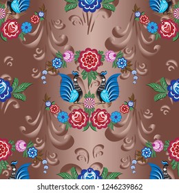 Russian stylized Gorodets seamless patterns on a beautiful background that will look great on fabric, clothing, printing, textile products