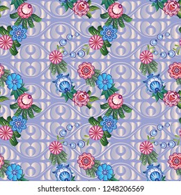 Russian stylized Gorodets seamless patterns on a beautiful background that will look great on fabric, clothing, printing, textile products