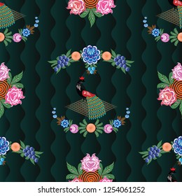 Russian stylized Gorodets seamless patterns on a beautiful background that will look great on fabric, clothing, printing, textile products