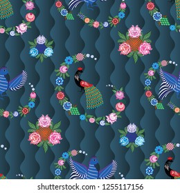 Russian stylized Gorodets seamless patterns on a beautiful background that will look great on fabric, clothing, printing, textile products