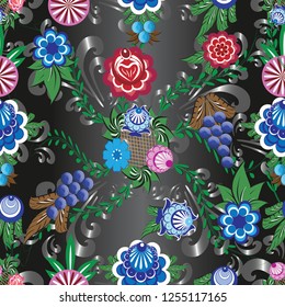 Russian stylized Gorodets seamless patterns on a beautiful background that will look great on fabric, clothing, printing, textile products