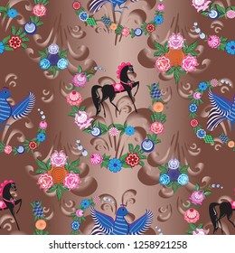 Russian stylized Gorodets seamless patterns on a beautiful background that will look great on fabric, clothing, printing, textile products