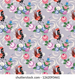 Russian stylized Gorodets seamless patterns on a beautiful background that will look great on fabric, clothing, printing, textile products