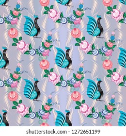 Russian stylized Gorodets seamless patterns on a beautiful background that will look great on fabric, clothing, printing, textile products