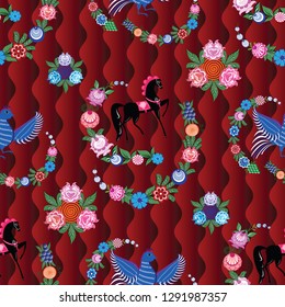 Russian stylized Gorodets seamless patterns on a beautiful background that will look great on fabric, clothing, printing, textile products