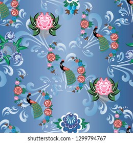 Russian stylized Gorodets seamless patterns on a beautiful background that will look great on fabric, clothing, printing, textile products