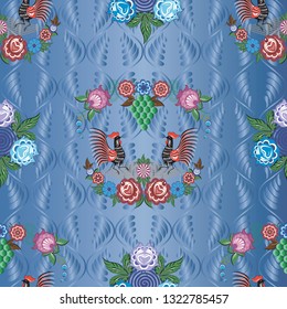 Russian stylized Gorodets seamless patterns on a beautiful background that will look great on fabric, clothing, printing, textile products
