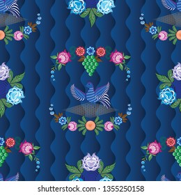 Russian stylized Gorodets seamless patterns on a beautiful background that will look great on fabric, clothing, printing, textile products