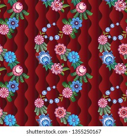 Russian stylized Gorodets seamless patterns on a beautiful background that will look great on fabric, clothing, printing, textile products