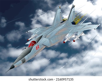 Russian supersonic jet fighter Mig-25 flying image illustration, with dark cloudy sky background.