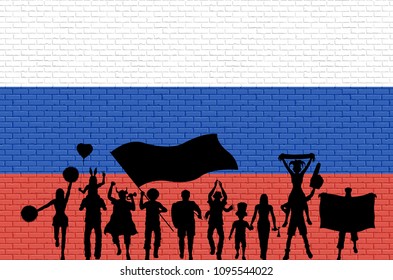 Russian supporter silhouette in front of brick wall with Russia flag. All the objects, silhouettes and the brick wall are in different layers. 