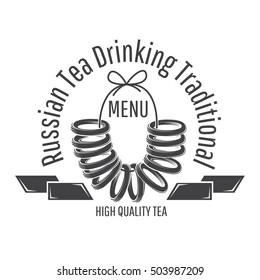 Russian sweet dry bread, doughnut-shaped bread roll on the string. Logo for cafe, tea house, bakery or business