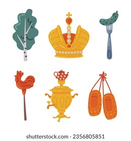 Russian Symbol with Birch, Mitre, Straw Shoes, Samovar and Sugar Candy Cock Vector Illustration Set