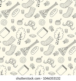 Russian symbols doodle cartoon line icons seamless vector pattern