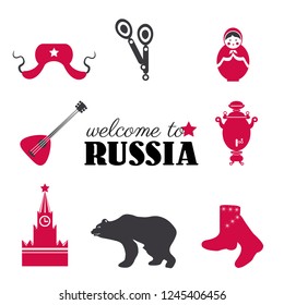 Russian symbols red samovar, hat-earflaps, balalaika, spoons, valenki, matryoshka vector illustration isolated on white backdrop, Kremlin, welcome to Russia tea time ultra-trendy sign travel flat icon