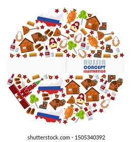Russian symbols in round frame composition, vector illustration. Isolated flat icons of Russian culture and tradition. Map of Russia in flag colors, kremlin, bear, balalaika and samovar. Booklet cover