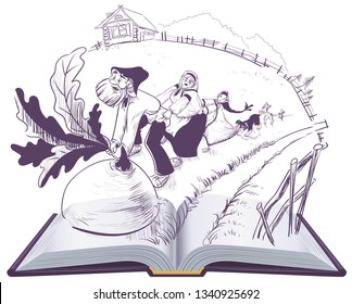 Russian tale of turnip open book cartoon illustration. Vector isolated on white