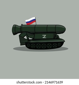 Russian tank with flag hand drawn vector illustration