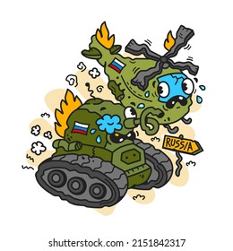 Russian tank and helicopter after war in Ukraine. Vector cartoon character illustration design. Isolated on white background. Russian invasion, agression in Ukraine concept