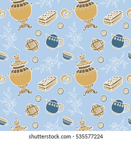 Russian tea party collection. Seamless pattern of doodle objects. Hand drawn sketch.
