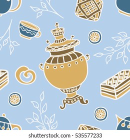 Russian tea party collection. Seamless pattern of doodle objects. Hand drawn sketch.
