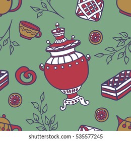 Russian tea party collection. Seamless pattern of doodle objects. Hand drawn sketch.