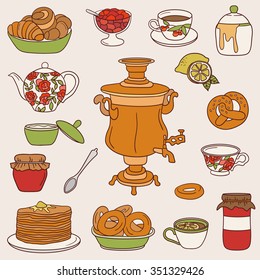 Russian tea party, hand drawn icons. Colorful elements collection. Illustration with sketch objects. Decorative backdrop, good for printing. Design background