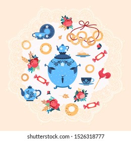 Russian tea party with samovar and sweets.