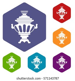 Russian tea samovar icons set rhombus in different colors isolated on white background