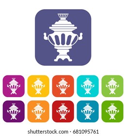 Russian tea samovar icons set vector illustration in flat style in colors red, blue, green, and other