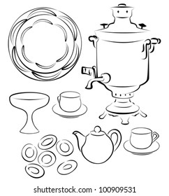 russian tea Russian samovar with porcelain cups, a porcelain teapot, a kremanka for jam, a tray, Ring-shaped bread rolls