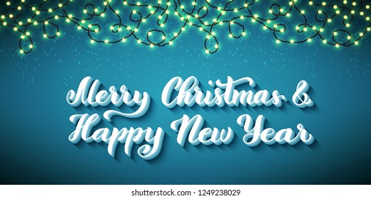 Russian text Merry Christmas. Happy New Year. Template for holiday greeting card with handwritten lettering and realistic sparkling lights. Vector illustration.