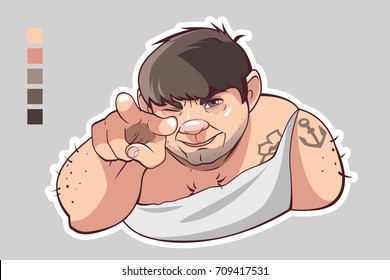 Russian Thug, Crime. Vector Portrait Of A Brutal, Funny Man With Tattoos And In A Vest. Gangster Shows Two Fingers Forward, Which Symbolize A Threat Or A Jar. Isolated Vector Illustration.