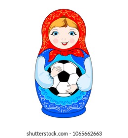 Russian toy - nesting doll, matryoshka with a ball in hands, football theme.